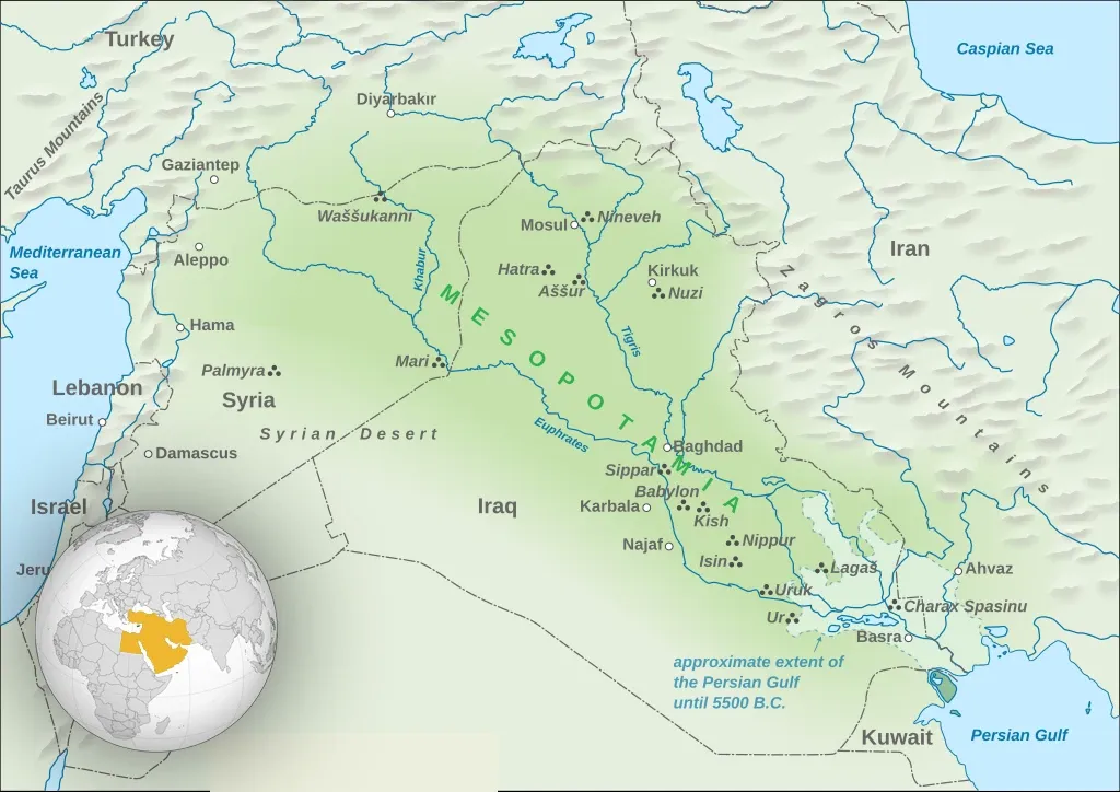 En la esquina inferior izquierda Oriente Medio. En la imagen principal Mesopotamia. Imágenes de Goran tek-en (CC BY-SA 4.0) y TownDown (CC BY-SA 3.0), vía Wikimedia Commons.
