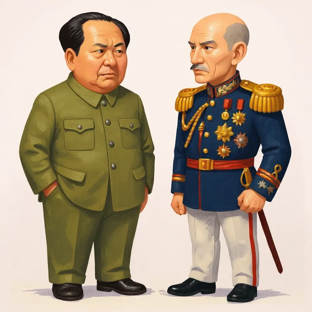 A la izquierda Mao Zedong, líder del Partido Comunista Chino, y a la derecha Chiang Kai-shek, líder del Partido Nacionalista.