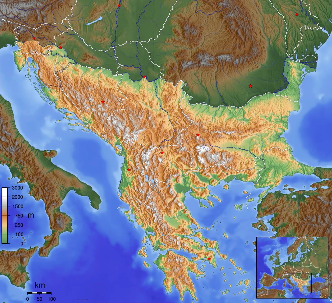 Mapa de la Península Balcánica tomado de Wikipedia Commons.