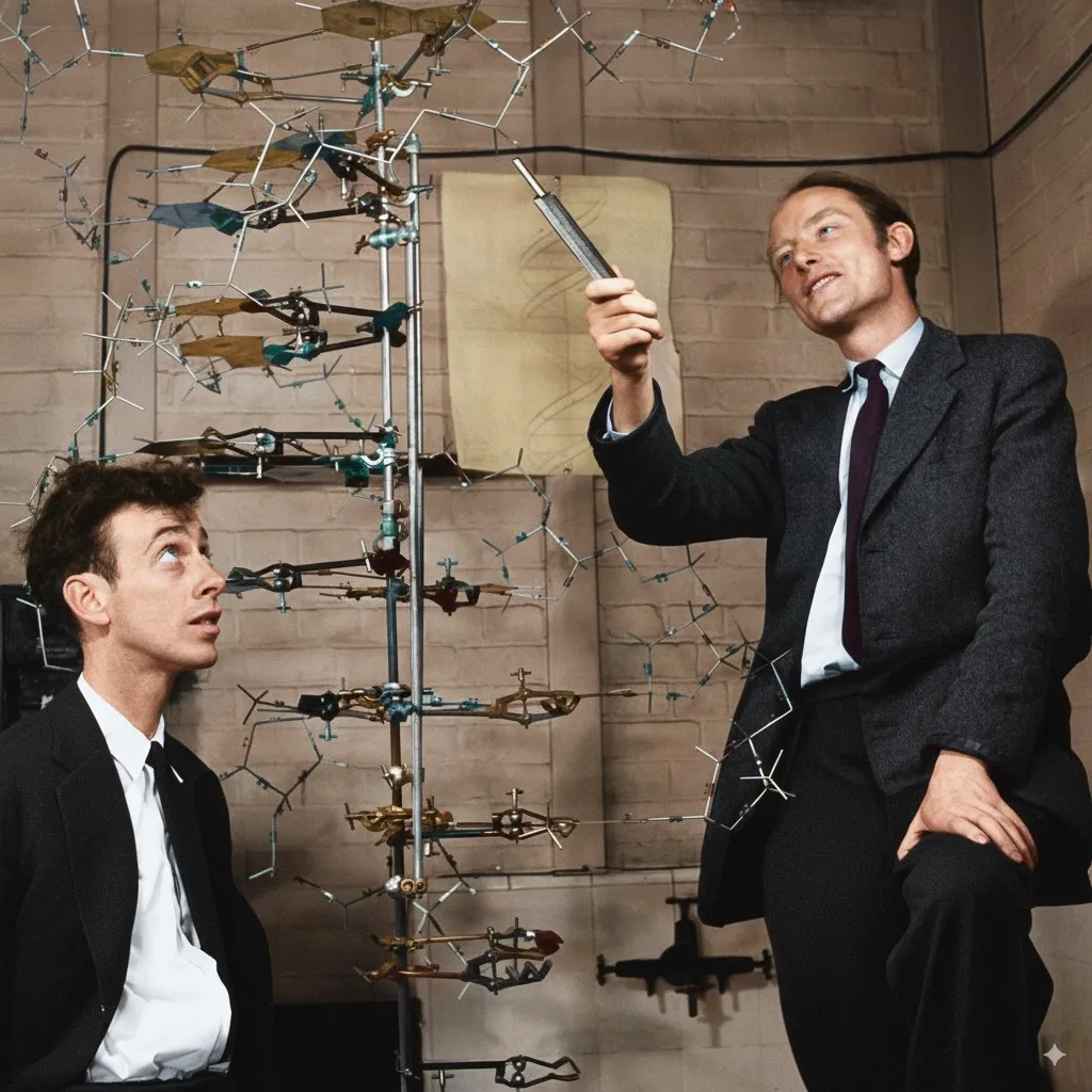 James Watson (izquierda) y Francis Crick (derecha) junto a su modelo físico de la doble hélice del ADN, Cambridge, 1953. Su propuesta revolucionaria explicó cómo la información genética se almacena y transmite en todos los seres vivos.