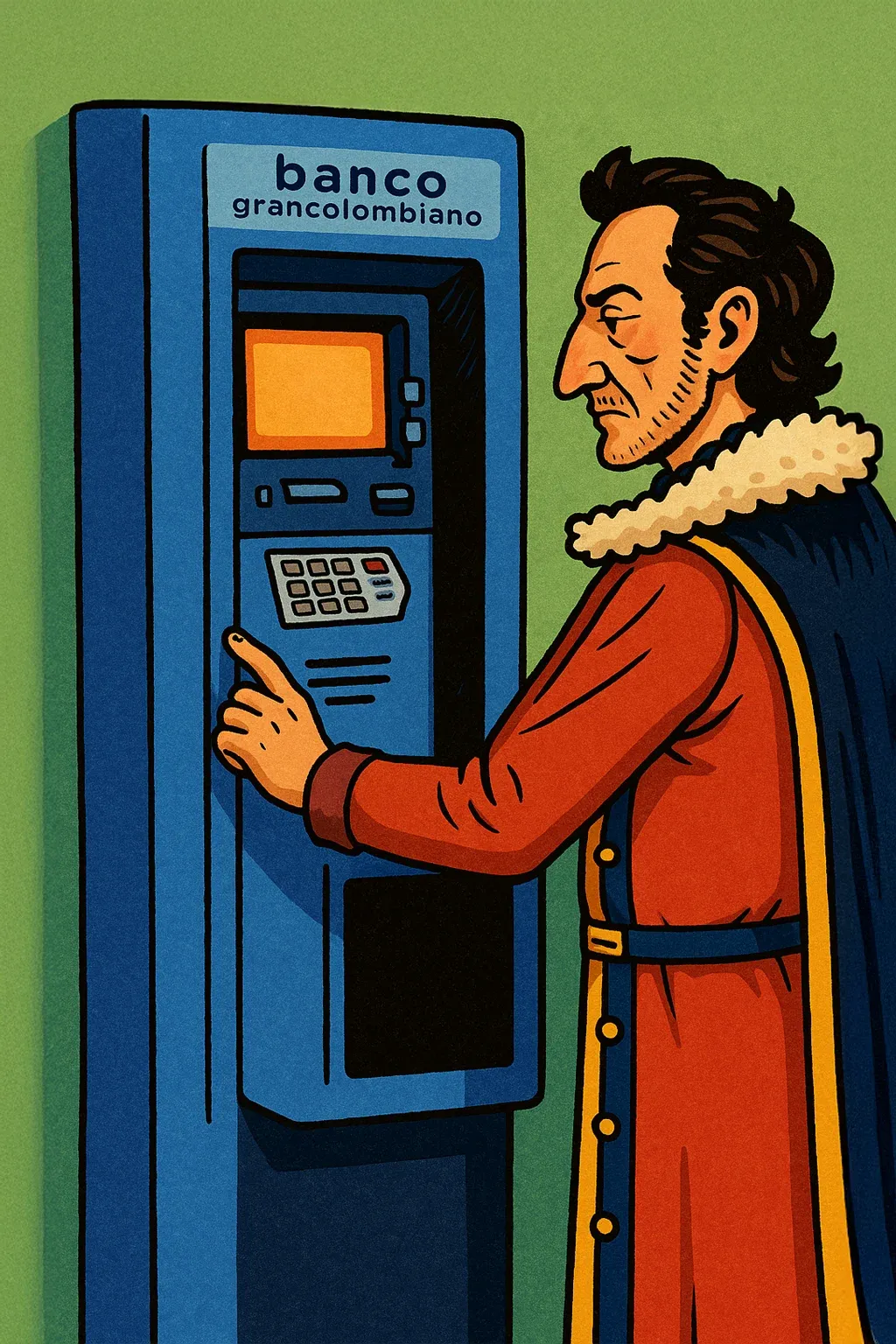Bolívar retirando en el banco la plata que Santander le manda para ir a darse puño. Para los imaginativos: no, en esos entonces aún no había cajeros. El primer cajero del mundo se instaló en 1967 en Londres y no usaba tarjetas, sino cheques con un material radiactivo que permitía autenticar a los usuarios.