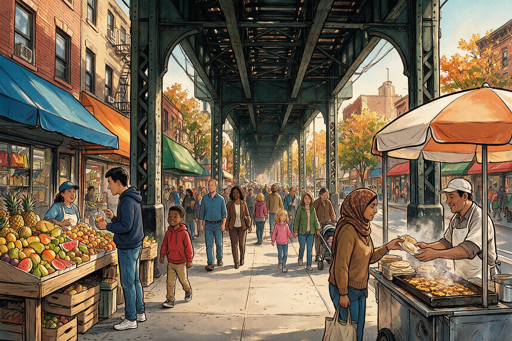 Calle diversa bajo el tren elevado en Queens